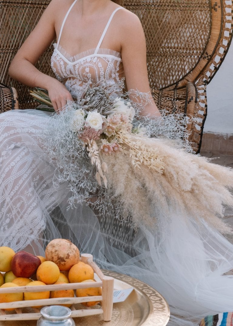 bohemain dress and bouquet